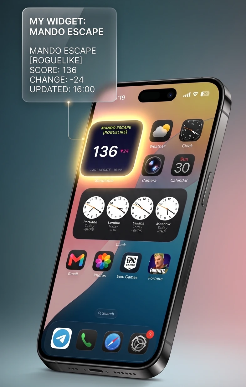 Island CCU widget on an iPhone home screen, showing the live player count of Mando Escape with a trend arrow